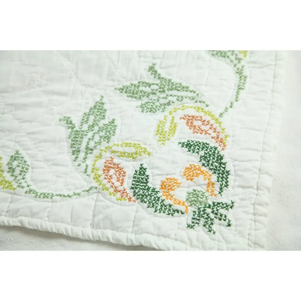 Vintage Needlepoint Bedspread Floral Cottagecore Granny Full 86